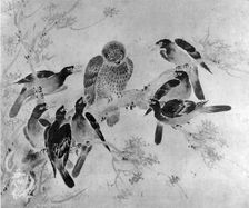 Mynah Birds Attacking an Owl, probably 19th century. Creator: After Sesson Sh?kei (ca. 1504-ca. 1589)