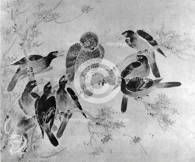 Mynah Birds Attacking an Owl, probably 19th century. Creator: After Sesson Sh?kei (ca. 1504-ca. 1589).