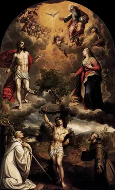 Mystical allegory with Saint Sebastian, Saint Bernard and Saint Francis, 1582. Creator: Alonso Sanchez Coello