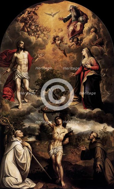 Mystical allegory with Saint Sebastian, Saint Bernard and Saint Francis, 1582. Creator: Alonso Sanchez Coello.
