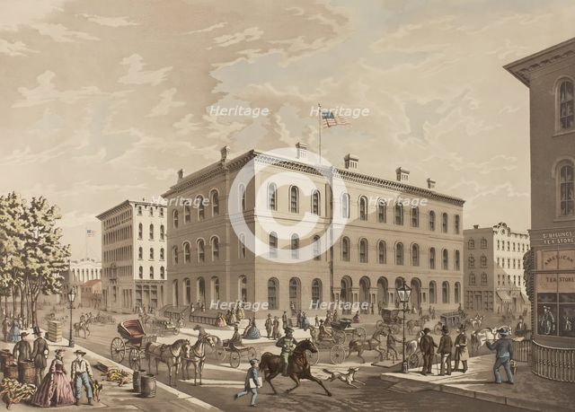 N.W. Corner of Dearborn and Monroe Streets, Chicago, Show..., published August 1927 (1865 depicted). Creator: Raoul Varin.
