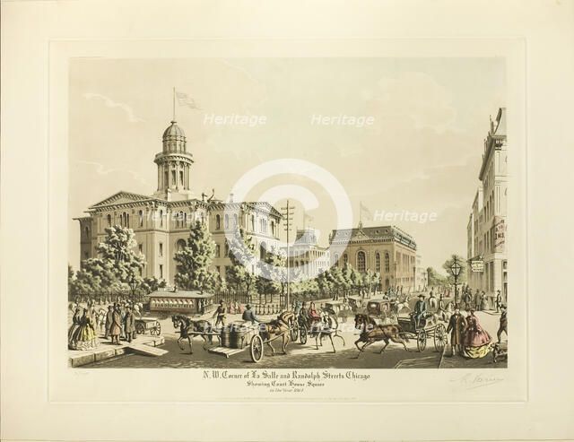 N. W. Corner of LaSalle and Randolph, Chicago, Showing Cou..., published April 1928 (1864 depicted). Creator: Raoul Varin.