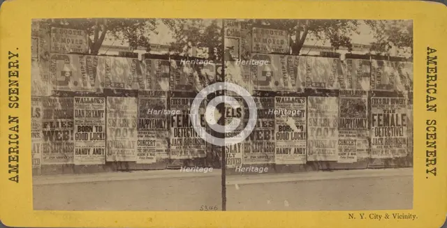 N.Y. City and vicinity. [Posters advertising theaters, businesses on unidentified wall],  1866?. Creator: Unknown.