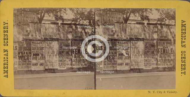 N.Y. City and vicinity. [Posters advertising theaters, businesses on unidentified wall],  1866?. Creator: Unknown.