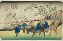 No. 20: Rain on the Hiratsuka Plain near Kutsukake Station (Niju: Kutsukake no eki..., c. 1835/36. Creator: Ikeda Eisen