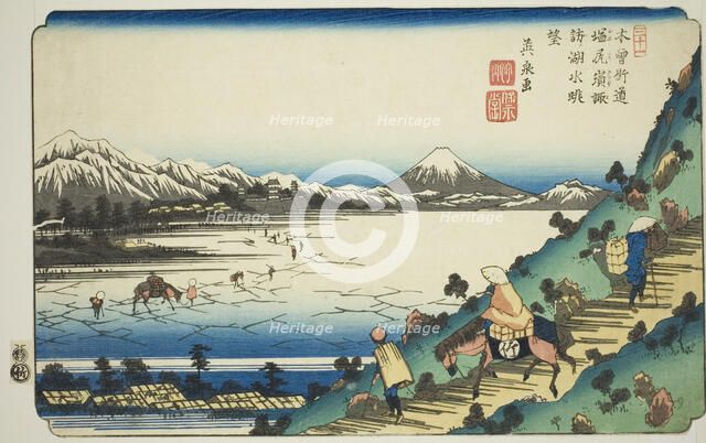 No. 31: View of Lake Suwa from Shiojiri Pass (Sanjuichi: Shiojiri toge Suwa no kosui..., c. 1835/36. Creator: Ikeda Eisen.