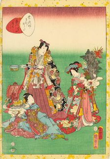 No. 54, Yume no ukihashi, from the series Lady Murasaki's Genji Cards (Murasaki..., 1857. Creator: Kunisada II (Kunimasa III, Toyokuni IV), Utagawa (1823-1880)