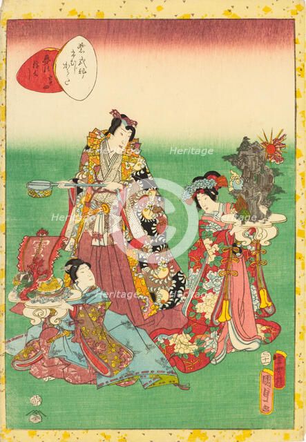 No. 54, Yume no ukihashi, from the series Lady Murasaki's Genji Cards (Murasaki..., 1857. Creator: Kunisada II (Kunimasa III, Toyokuni IV), Utagawa (1823-1880).