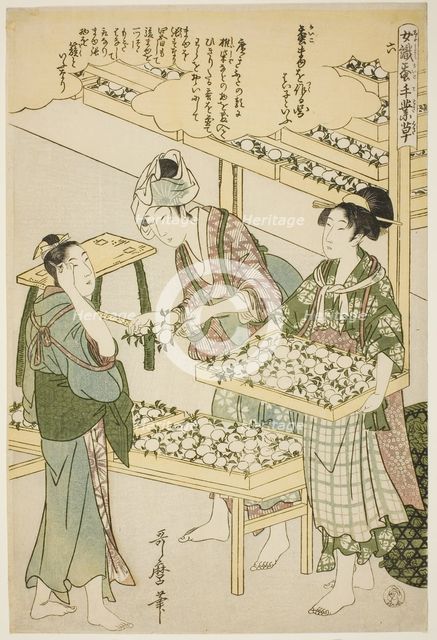 No. 6 (roku), from the series "Women Engaged in the Sericulture Industry (Joshoku..., c1798/1800. Creator: Kitagawa Utamaro.