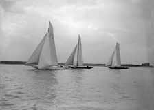No wind for the 8 Metre class The Truant Spero and The Antwerpia IV 25th May 1912. Creator: Kirk & Sons of Cowes