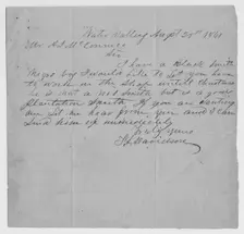 Note from Davidson of Water Valley, offering his slave blacksmith for hire, 1861. Creator: Unknown