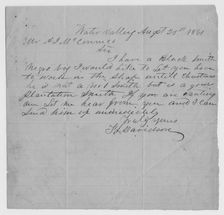 Note from Davidson of Water Valley, offering his slave blacksmith for hire, 1861. Creator: Unknown
