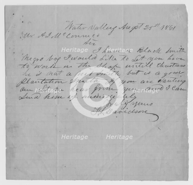 Note from Davidson of Water Valley, offering his slave blacksmith for hire, 1861. Creator: Unknown.