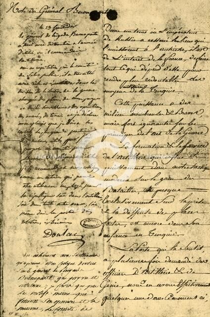 Note from General Bonaparte, 13 September 1795, (1921). Creator: Napoleon Bonaparte I.