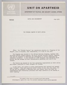 Notes from the United Nations on the Freedom Charter of South Africa, July 1974. Creator: Unknown
