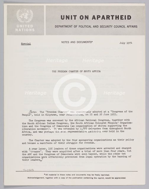 Notes from the United Nations on the Freedom Charter of South Africa, July 1974. Creator: Unknown.