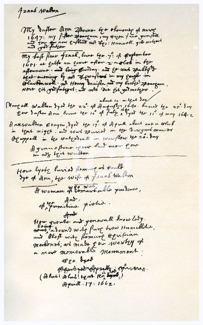 Notes made by Izaak Walton, c1662.Artist: Izaak Walton