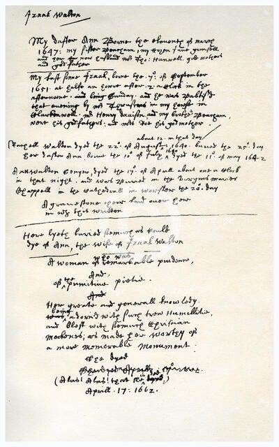 Notes made by Izaak Walton, c1662.Artist: Izaak Walton