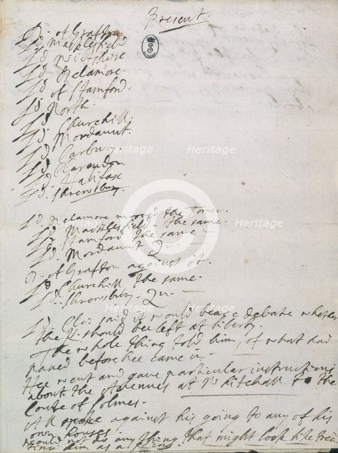 Notes to a meeting about the fate of James II, 1688. Creator: George Savile.
