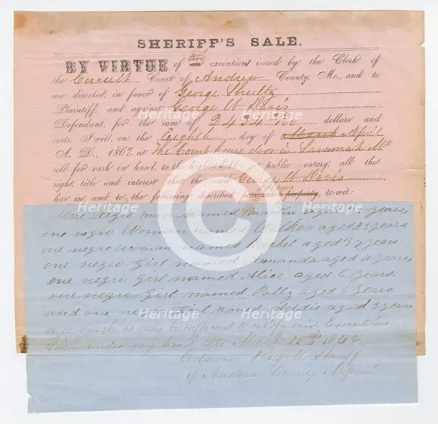 Notice of an impending sheriff's sale of 7 enslaved persons, March 15, 1862. Creator: Unknown.