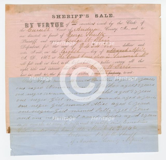 Notice of an impending sheriff's sale of 7 enslaved persons, March 15, 1862. Creator: Unknown.
