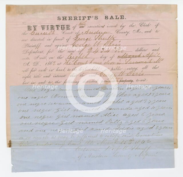 Notice of an impending sheriff's sale of 7 enslaved persons, March 15, 1862. Creator: Unknown.