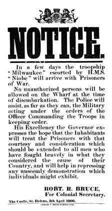 Notice of the arrival of Boer prisoners of war on the Milwaukee St Helena, 5th April 1900