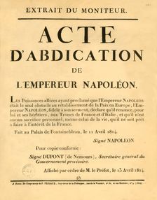 Notice announcing the Emperor Napoleon's abdication, 11 April 1813, (1921). Creator: Unknown
