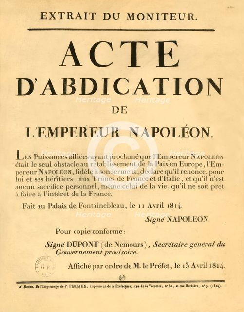 Notice announcing the Emperor Napoleon's abdication, 11 April 1813, (1921).  Creator: Unknown.