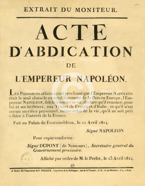 Notice announcing the Emperor Napoleon's abdication, 11 April 1813, (1921).  Creator: Unknown.