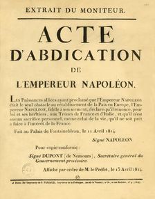 Notice announcing the Emperor Napoleon's abdication, 11 April 1813, (1921). Creator: Unknown