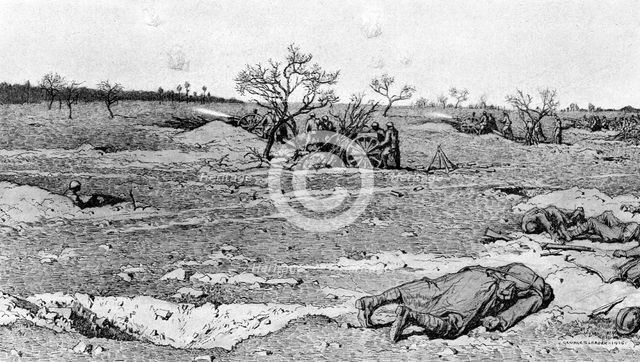 'Notre Artillerie a Verdun; Batterie de 75 en action : a gauche, le soldat qui commande..., 1916. Creator: Georges Leroux.