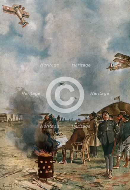 ''Notre Aviation de Guerre; Au "centre de perfectionnement"; un renversement un peu..., 1918. Creator: Francois Flameng.