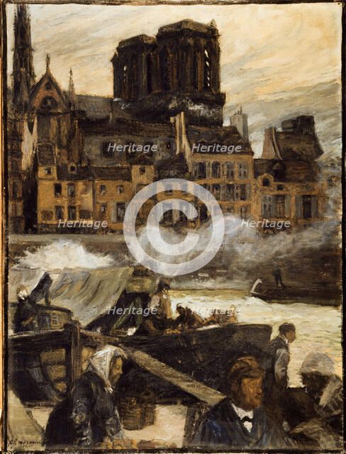 Notre-Dame and the Quai aux Fleurs seen from the apple market, in 1901. Creator: Pierre Louis Moreau.