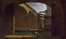 Notre-Dame Bridge and Pump, seen from the vault of Quai de Gesvres, 1816. Creator: Auguste Jacques Regnier