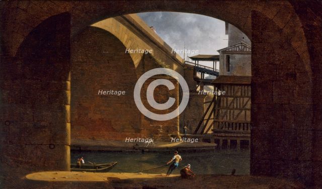 Notre-Dame Bridge and Pump, seen from the vault of Quai de Gesvres, 1816. Creator: Auguste Jacques Regnier.