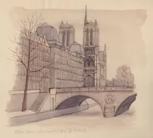 Notre Dame Cathedral and Pont St-Michel 1951. Creator: Shirley Markham