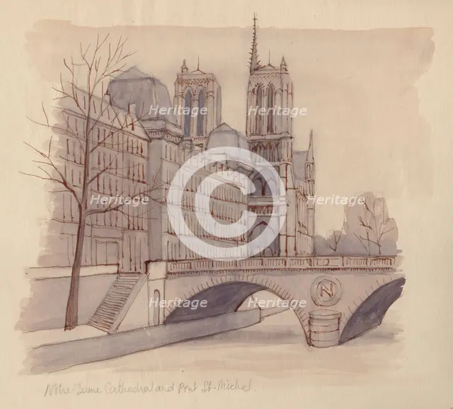 'Notre Dame Cathedral and Pont St-Michel', 1951. Creator: Shirley Markham.