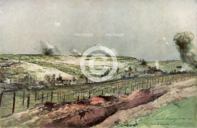 'Notre Dame de Lorette and St Nazaire, Ablain, during bombardment', Artois, France, 1915, (1926).Artist: Francois Flameng