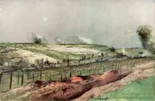 Notre Dame de Lorette and St Nazaire, Ablain, during bombardment Artois, France, 1915, (1926).Artist: Francois Flameng