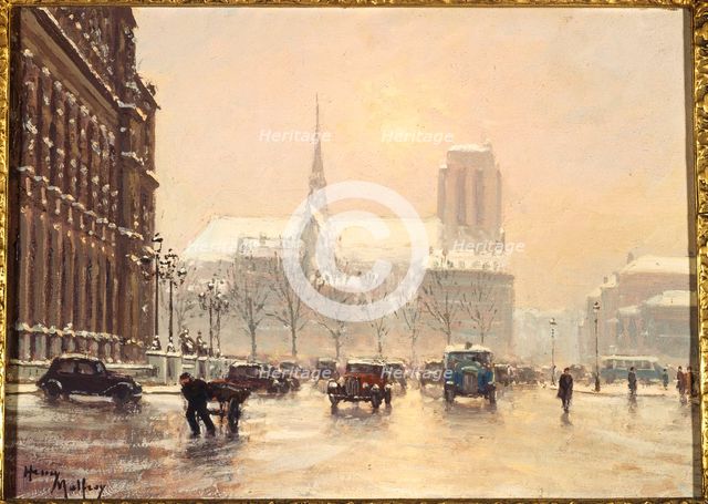 Notre-Dame seen from the square at Hotel de Ville, in snowy weather, c1930. Creator: Henry Malfroy.
