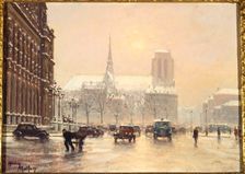 Notre-Dame seen from the square at Hotel de Ville, in snowy weather, c1930. Creator: Henry Malfroy