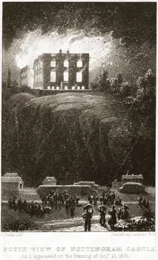 Nottingham Castle on fire, viewed from the south, 1831. Creator: George Childs
