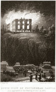 Nottingham Castle on fire, viewed from the south, 1831. Creator: George Childs