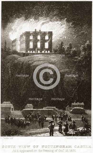Nottingham Castle on fire, viewed from the south, 1831. Creator: George Childs.