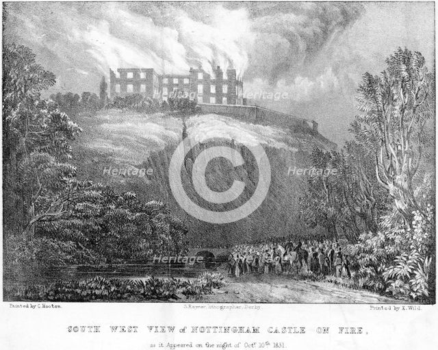 Nottingham Castle on fire, viewed from the south, 1831. Creator: S Rayner.
