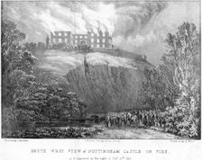 Nottingham Castle on fire, viewed from the south, 1831. Creator: S Rayner