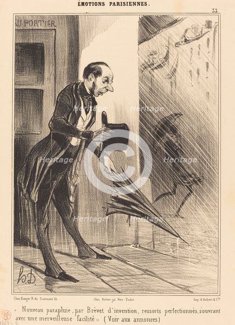 "Nouveau parapluie, par Brevet d'invention, ressorts perfectionnés..., 1840.  Creator: Honore Daumier.
