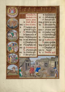 November Calendar Page: Threshing and Pig Feeding: Sagittarius; Spinola Hours, about 1510-1520. Creator: Workshop of the Master of James IV of Scotland