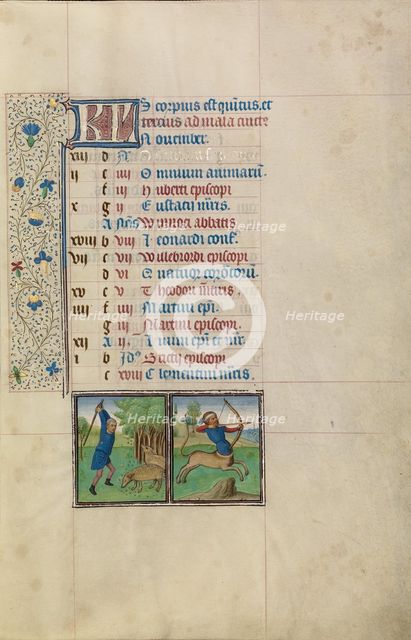 November Calendar Page: Gathering Acorns for Pigs: Sagittarius; Arenberg Hours, early 1460s. Creator: Workshop of Willem Vrelant.